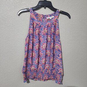Rose Olive Blouse Large Womens Sleeveless Paisley Tank Top Pink & Blue Polyester